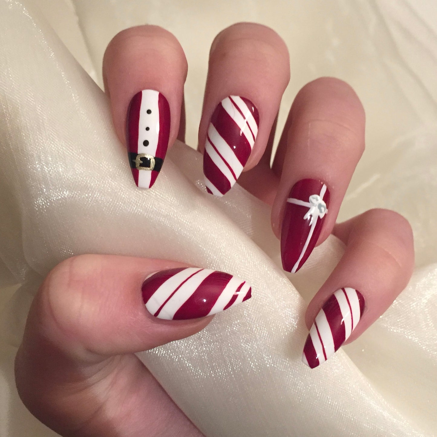 Christmas Candy Cane Santa Coffin Nails