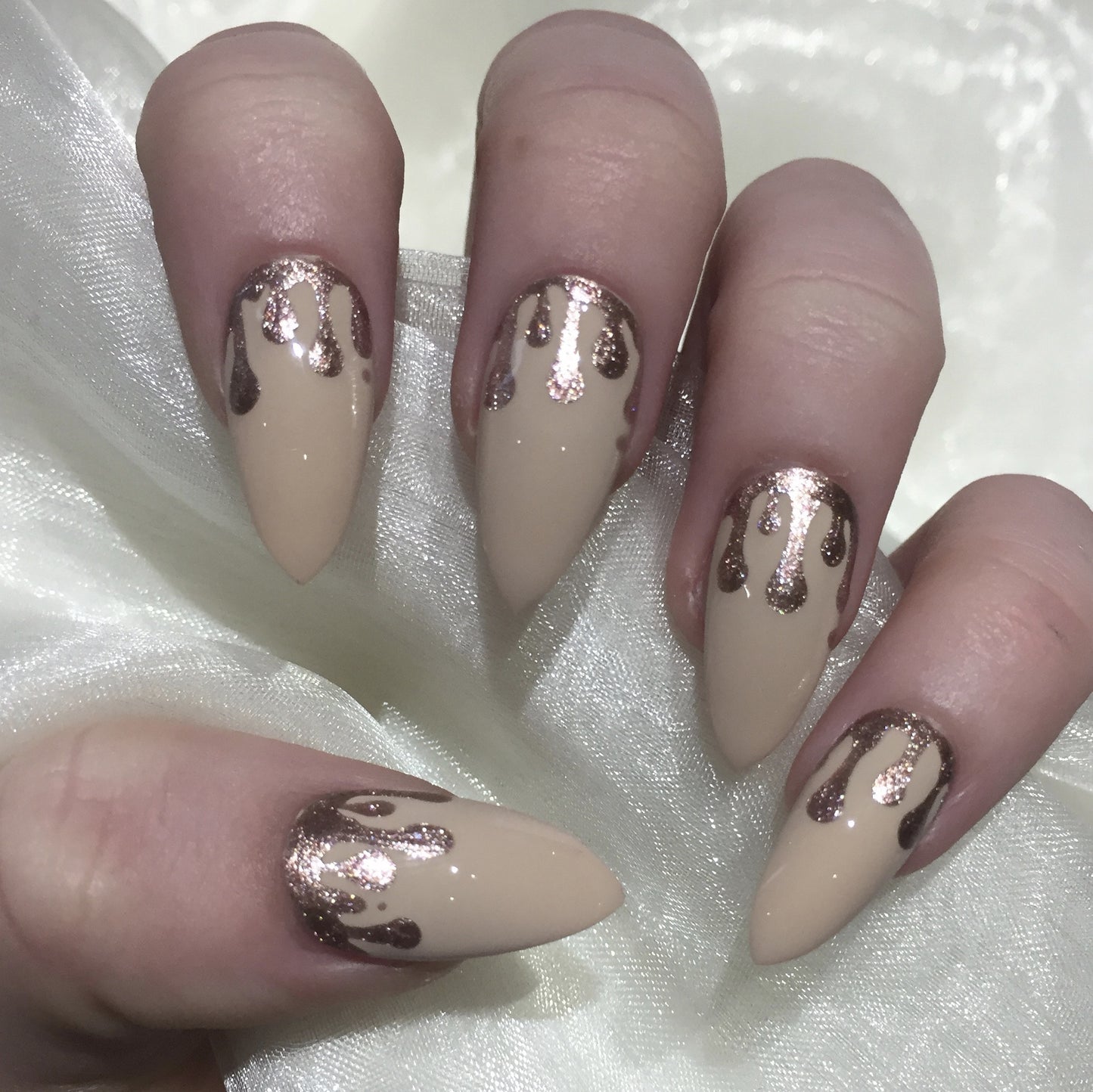 Nude Stiletto with Rose Gold Glitter drip Design