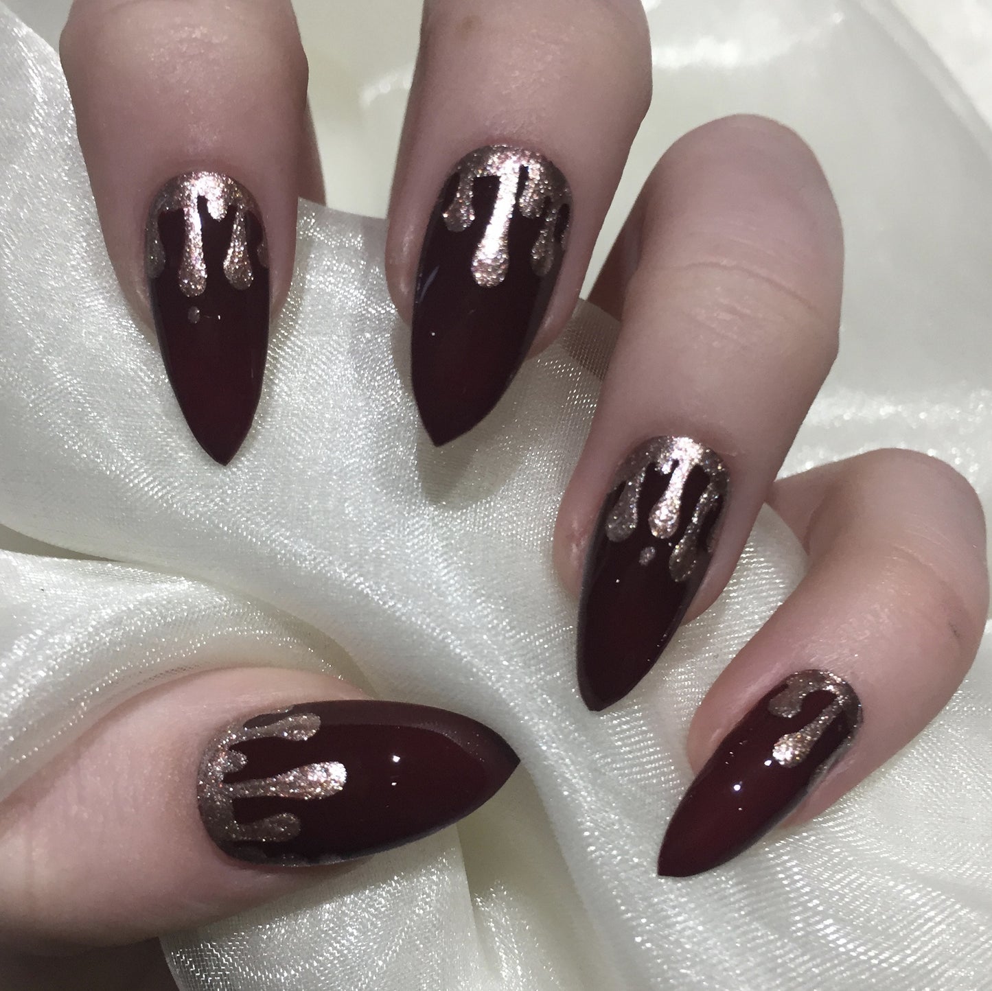 Burgundy Gloss Stilettos with Rose Gold Glitter Drip Design