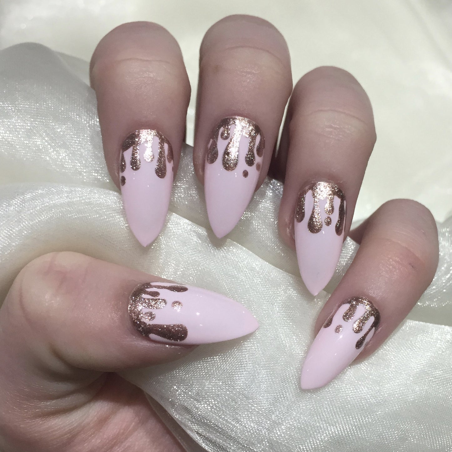 Pink Stilettos with Rose Gold Glitter Drip Design