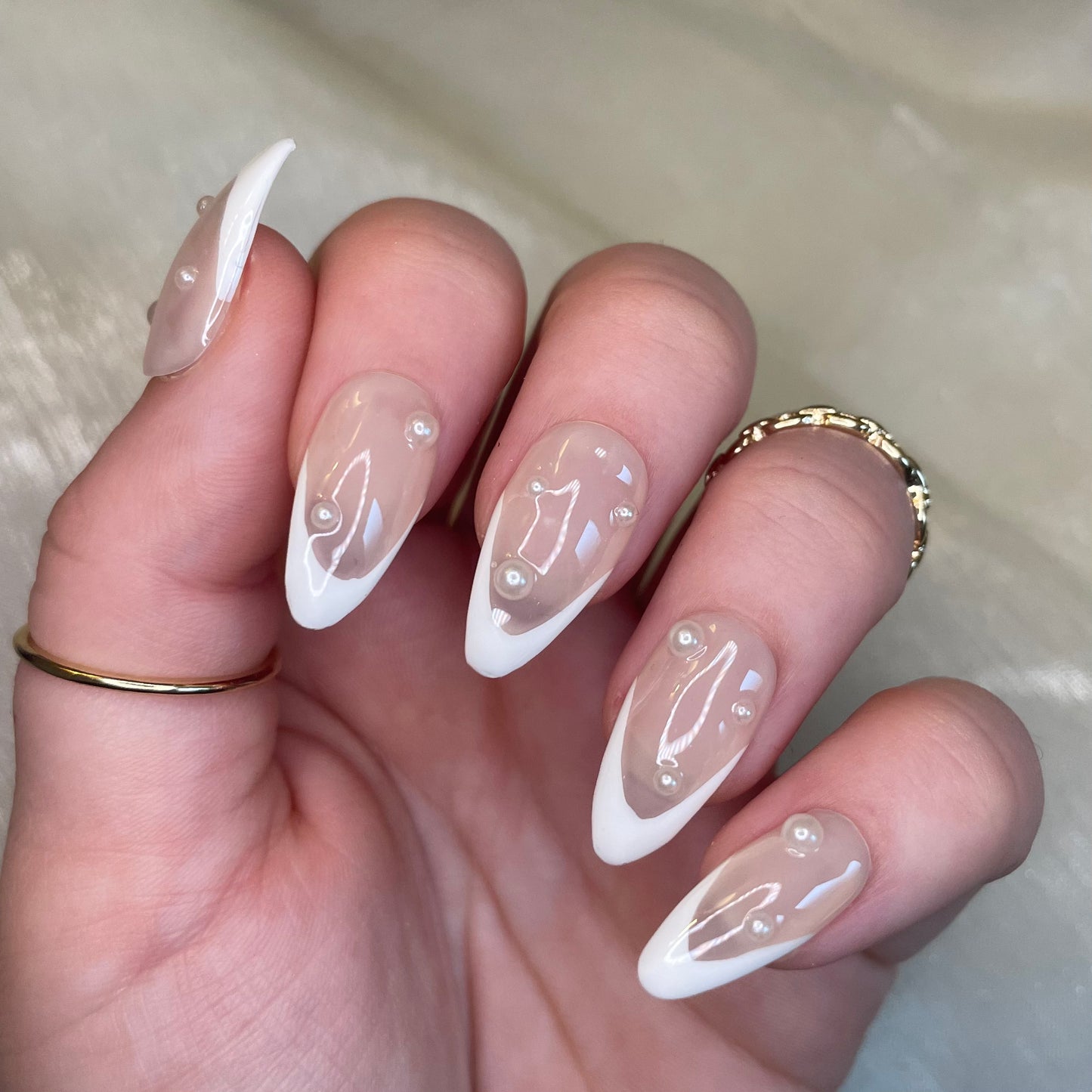French Tip and Pearl Design Almod Nails
