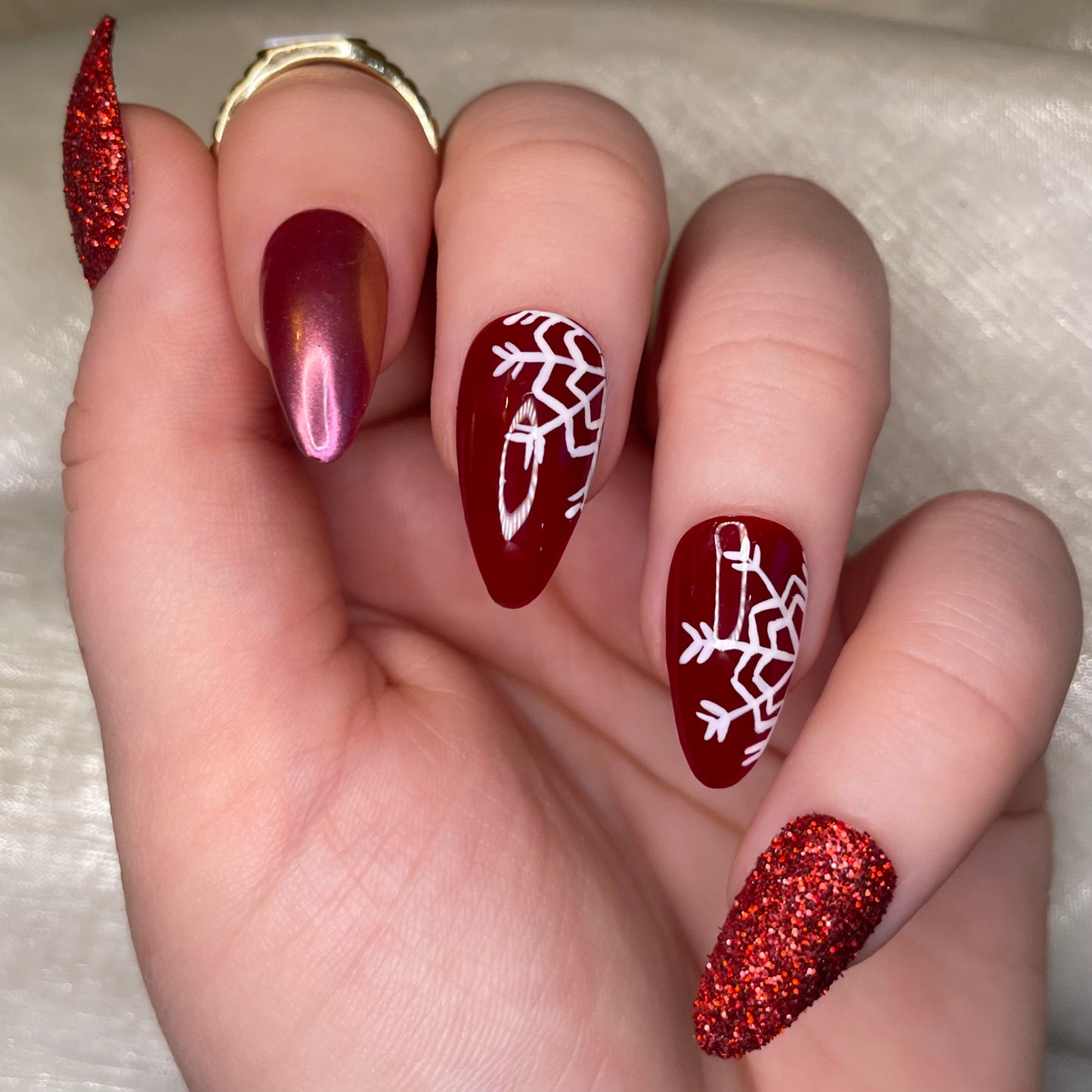 Red Snowflake Glitter and Chrome Almonds
