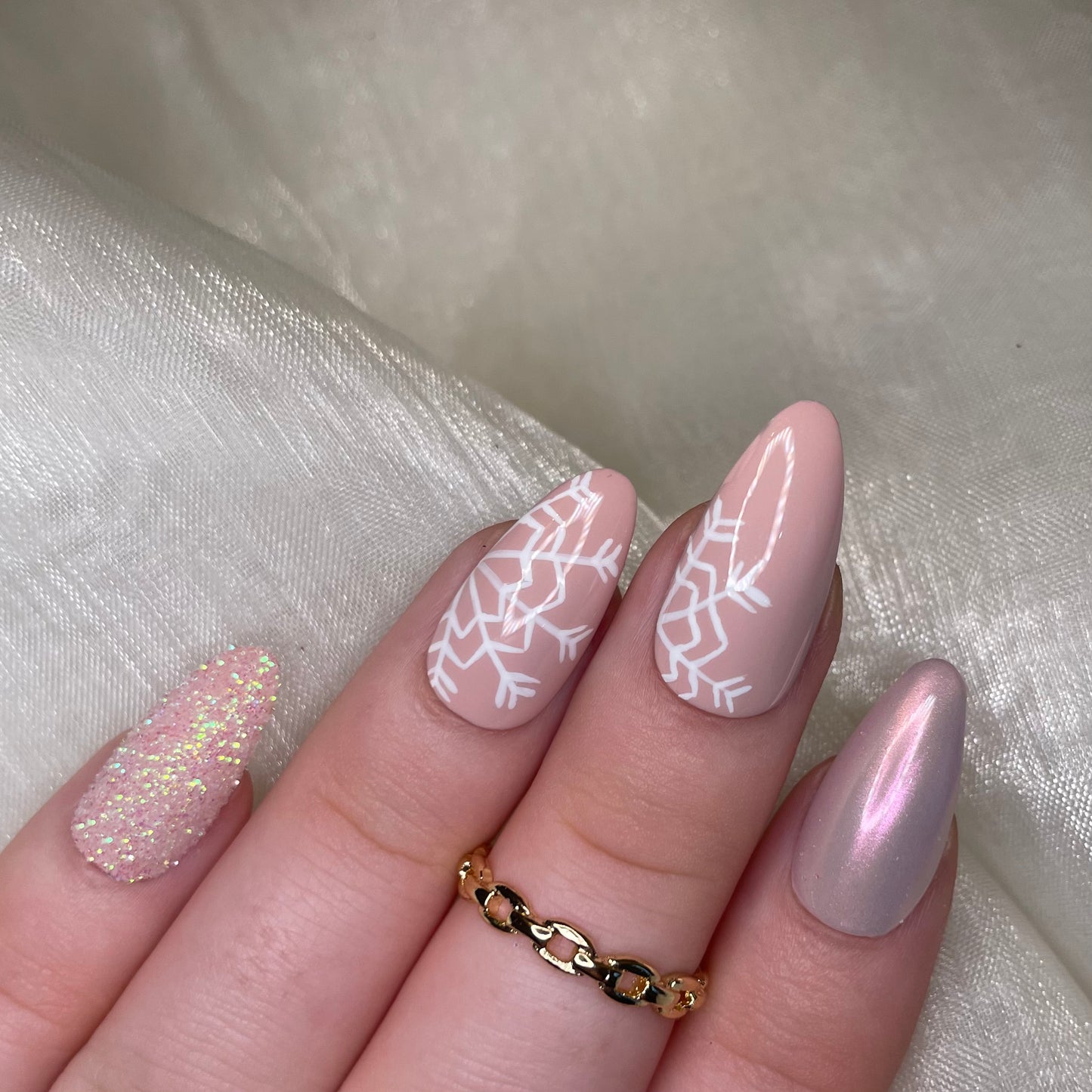 Pink Snowflake Glitter and Chrome Almond Nails