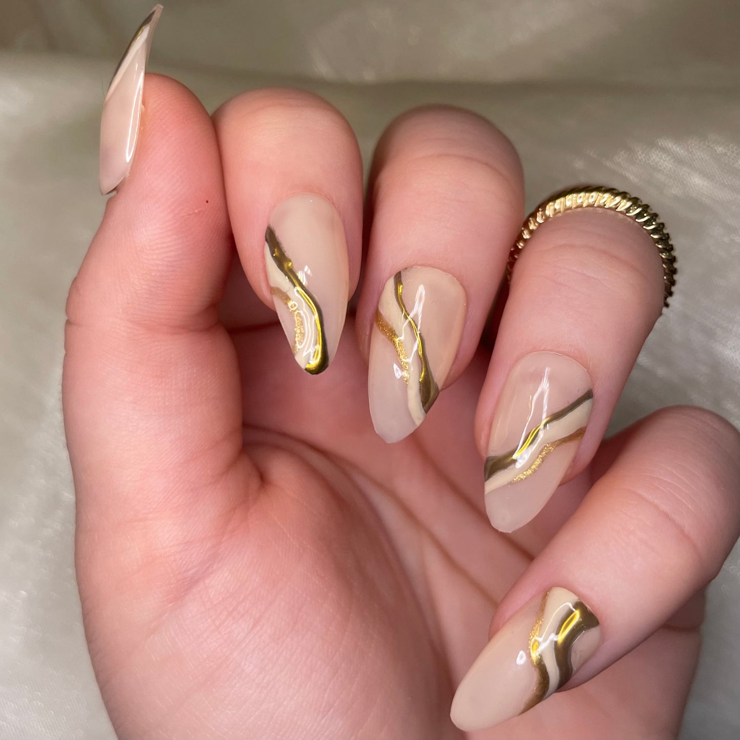 Sheer Nude and Gold Chrome Almonds