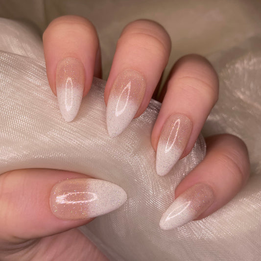 Sheer Nude to White Almonds with Glitter Overlay