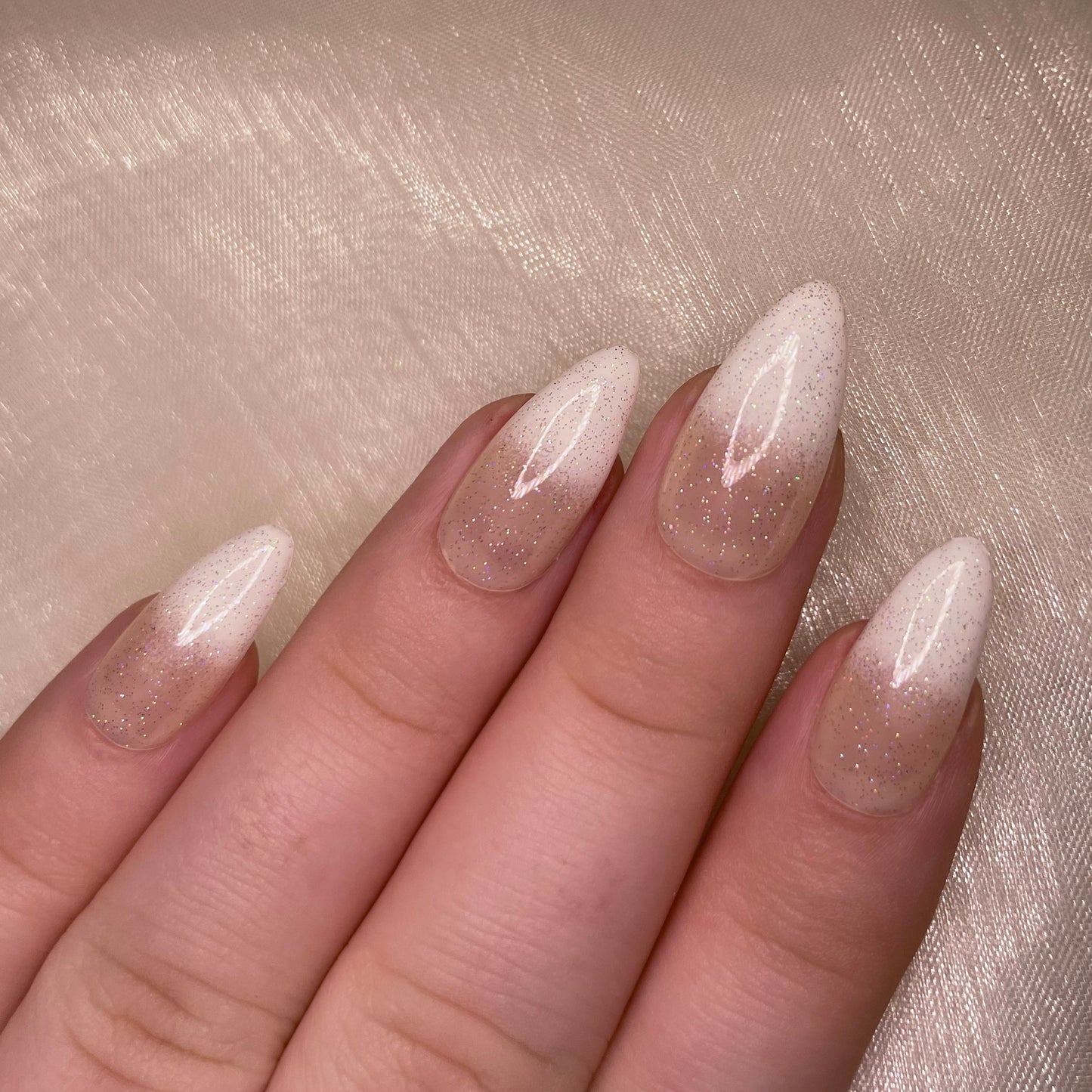 Sheer Nude to White Almonds with Glitter Overlay