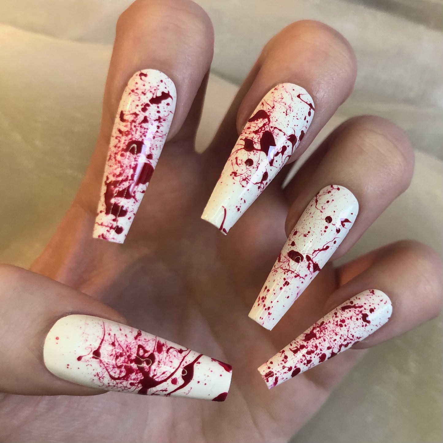 White Blood Splatter Nails in Extra Long Ballerina style