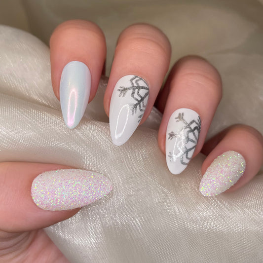 White Snowflake Glitter and Chrome Almond Nails