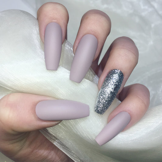 Extra Long Matte Nude and Silver Glitter Coffins