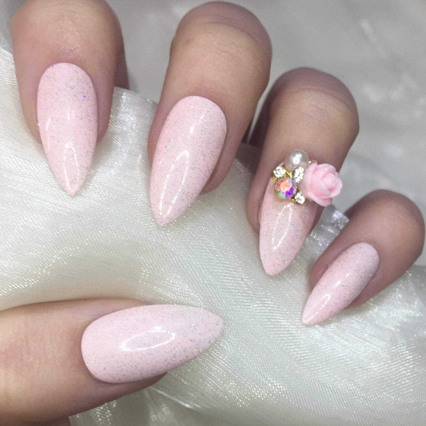 Baby Pink Stilettos with Holographic Glitter and Rose Charm