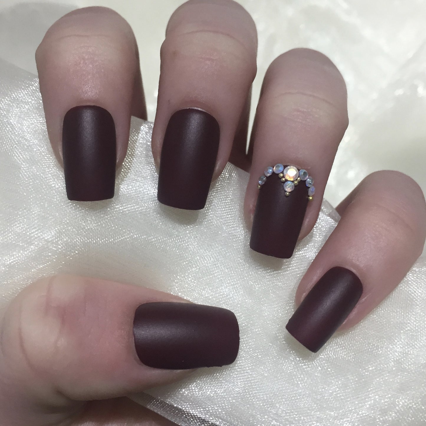 Matte Burgundy Squares with Gold Bead and Rhinestones