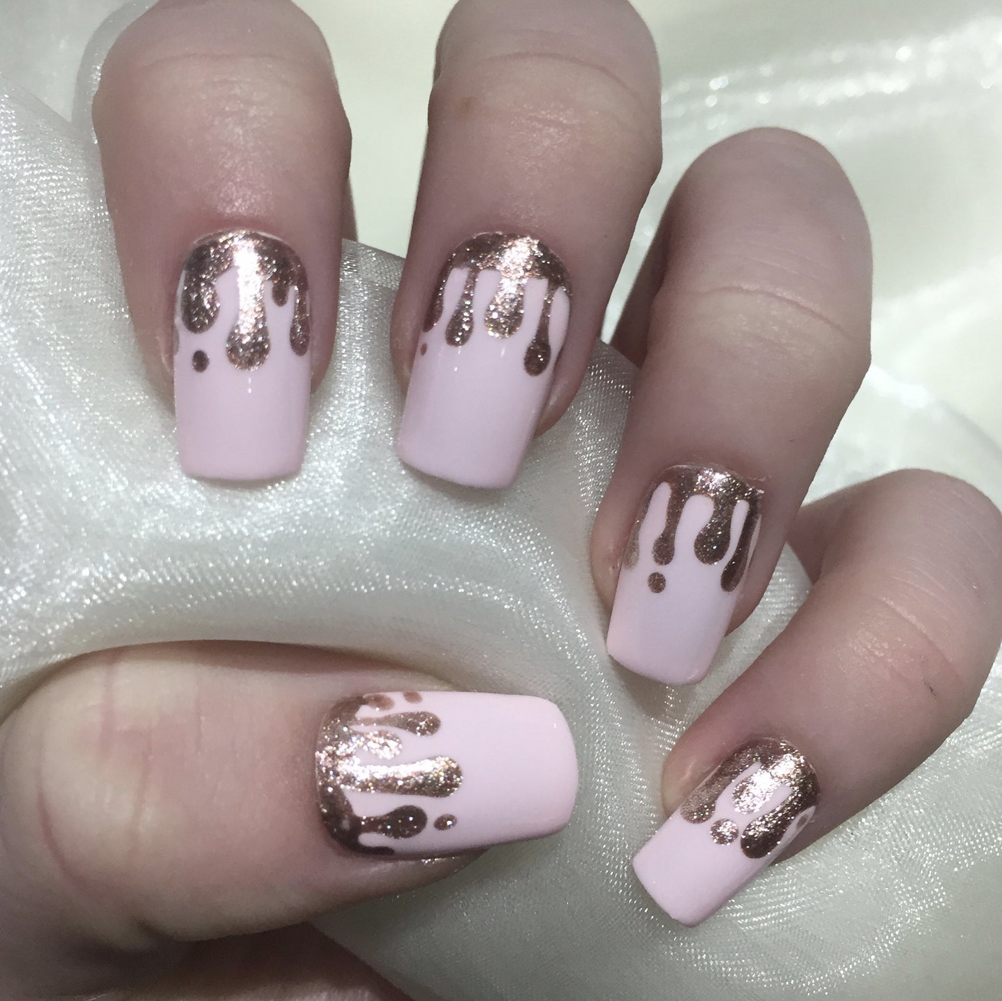 Pink Squares with Rose Gold Glitter Drip Design