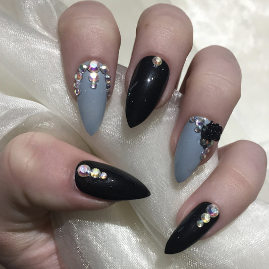 Grey and Black Shimmer Stilettos with Rhinestones and Roses