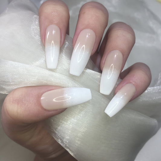 Extra Long Sheer Nude to White Ombre Coffins