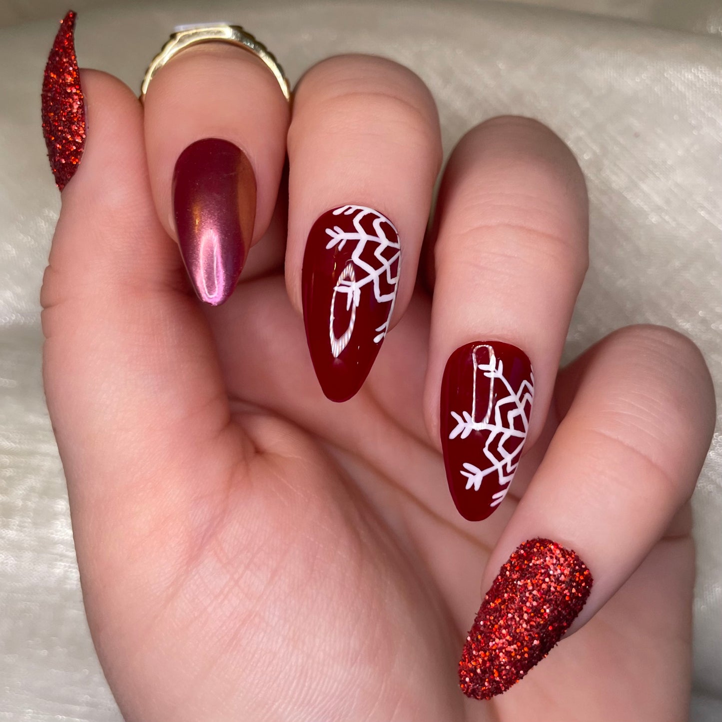 Red Snowflake Glitter and Chrome Almonds