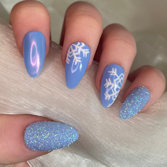 Baby Blue Snowflake Chrome and Glitter Almond Nails