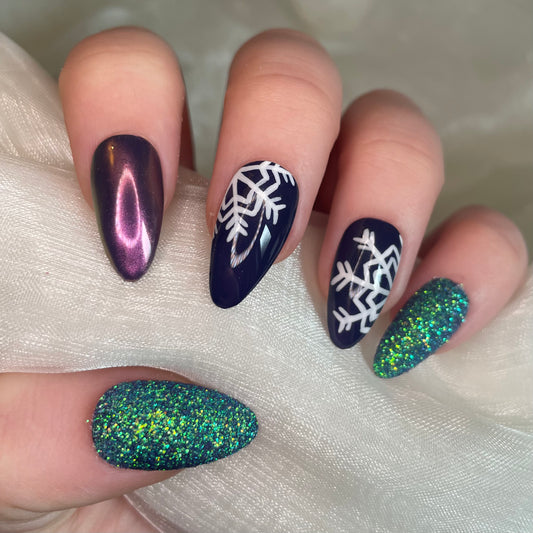 Navy Snowflake Chrome and Glitter Almond Nails