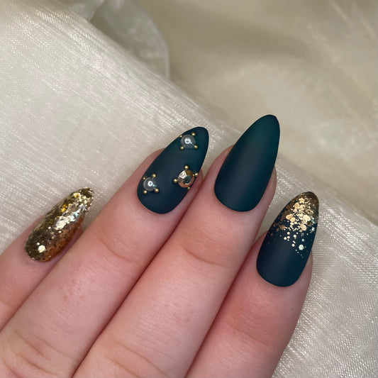 Deep Green and Gold Glitter Almond Nails