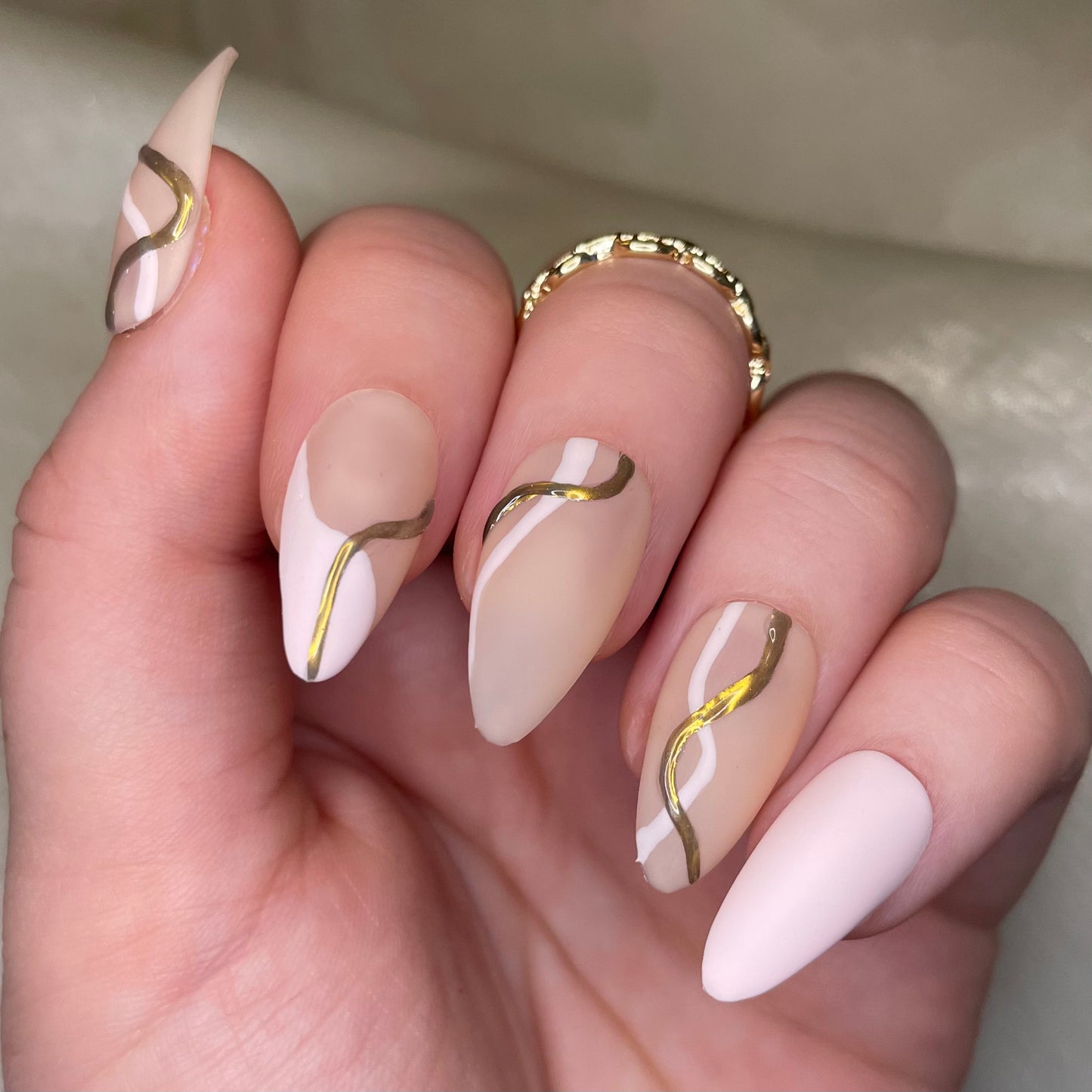 Sheer Nude and Pink Almonds with Gold Chrome