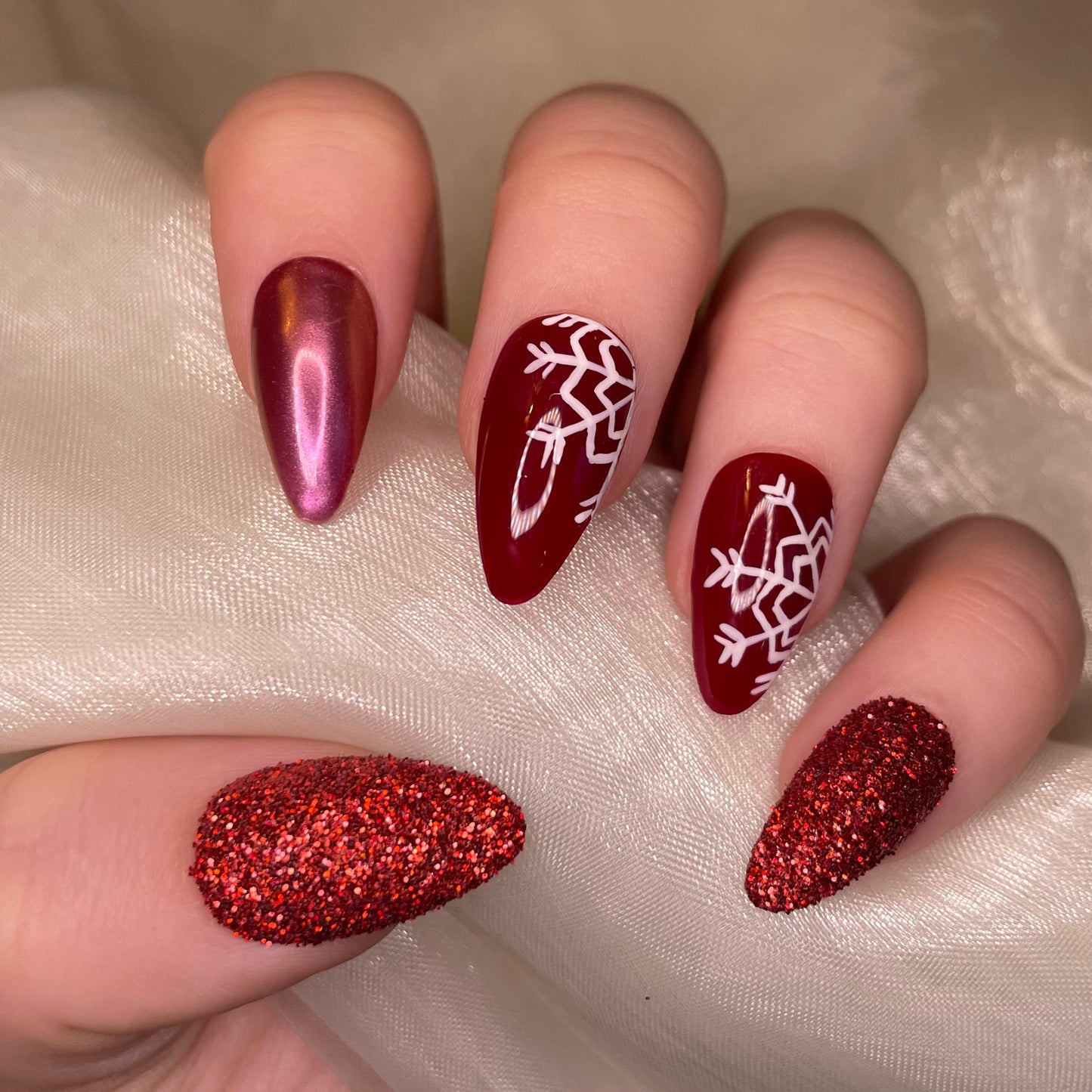 Red Snowflake Glitter and Chrome Almonds