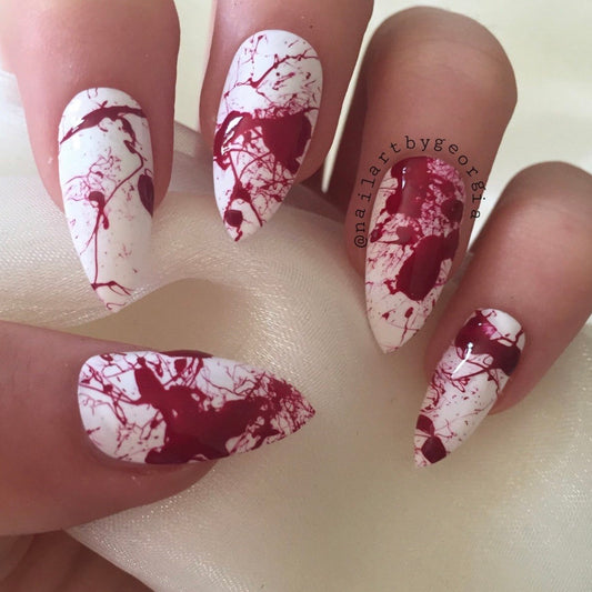 White Blood Splatter Stiletto Nails