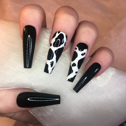 Cow Print and Black Ballerina Nails