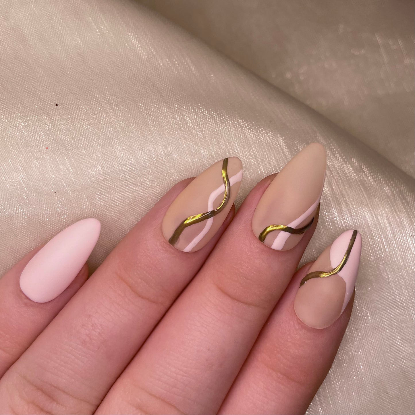 Sheer Nude and Pink Almonds with Gold Chrome
