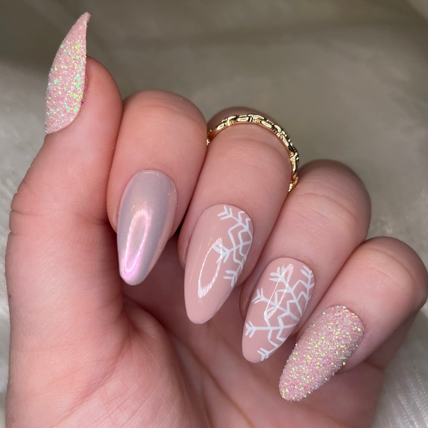 Pink Snowflake Glitter and Chrome Almond Nails