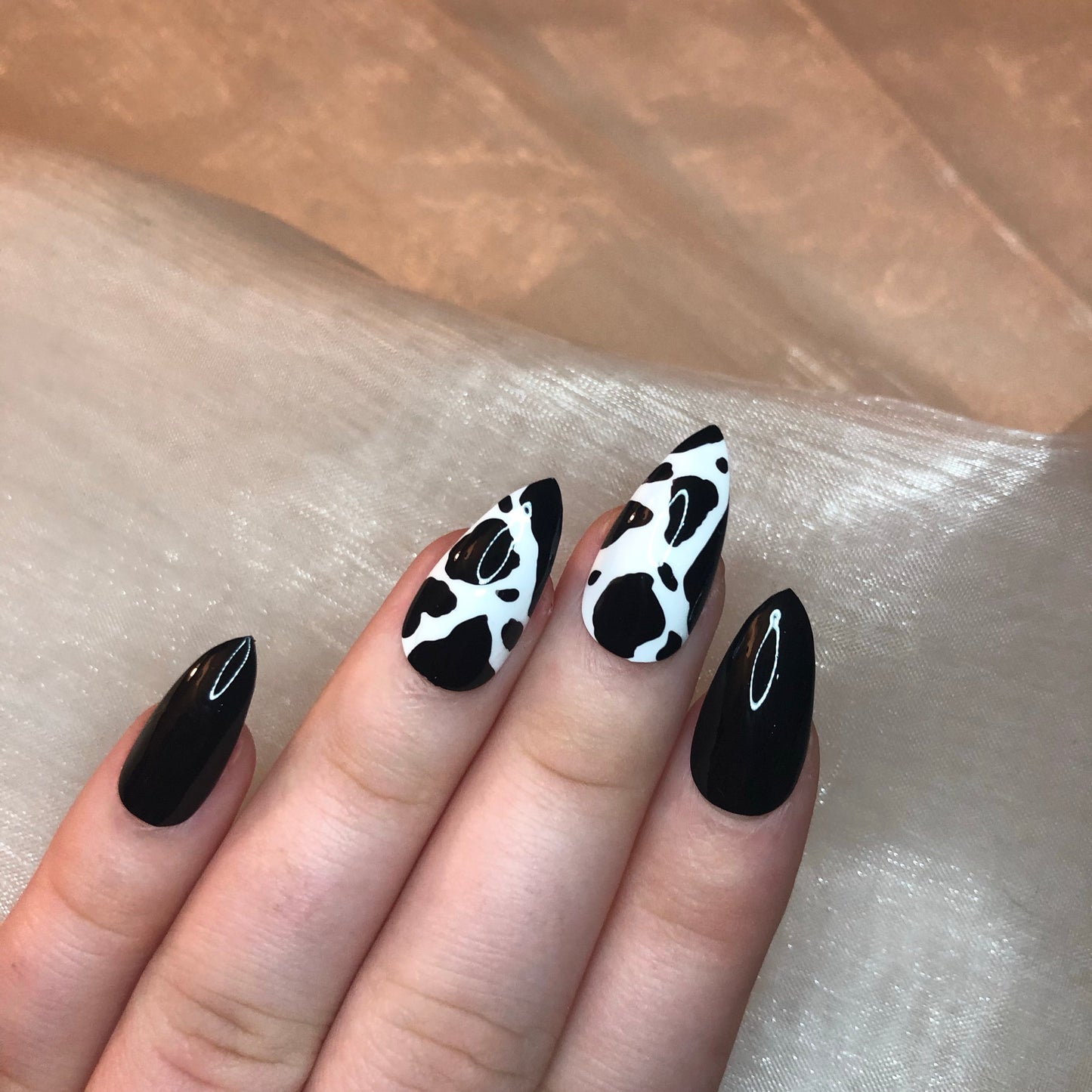 Cow Print and Black Stiletto Nails